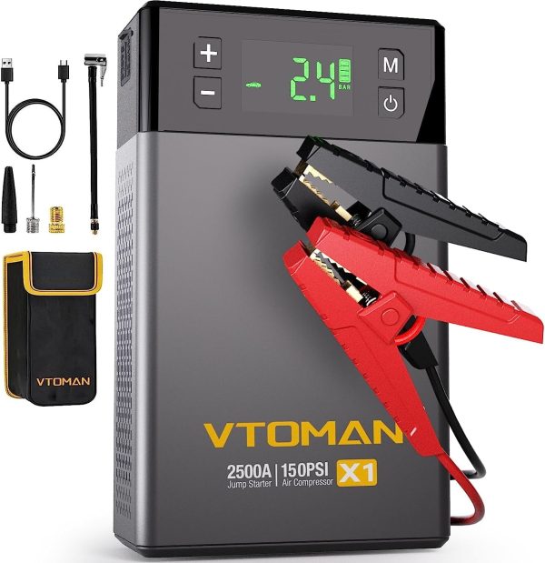 Jump Starter with Air Compressor,2500A Peak 12V Jumper Box for 8.5L Gas and 6.0L Diesel Engines with 150PSI Compressor Tire Inflator,Portable Auto Lithium Battery Booster Power Bank Car Starter