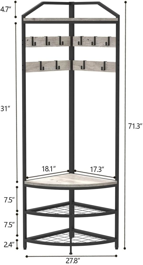 DONFU Grey Corner Hall Tree with Shoe Bench Entryway Coat Rack with 10 Metal Movable Hooks Rustic Farmhouse Freestanding Clothes Rack Shoes Shelf Organizer for Home Office Bedroom (Greige) - Image 4