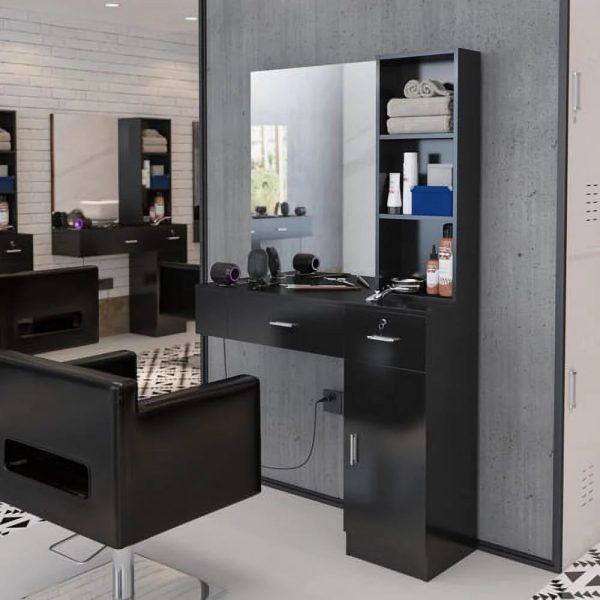 OmySalon Wall Mount Barber Salon Stations for Hair Stylist, Beauty Styling Equipment Organizer w/Mirror, Hair Salon Supply cabinet w/1 Storage Cabinet, 2 Drawers & 3 Tier Shelf (Black) - Image 2