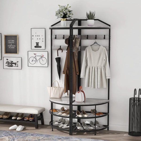 DONFU Grey Corner Hall Tree with Shoe Bench Entryway Coat Rack with 10 Metal Movable Hooks Rustic Farmhouse Freestanding Clothes Rack Shoes Shelf Organizer for Home Office Bedroom (Greige) - Image 3